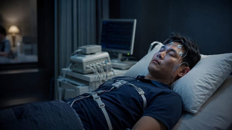 수면다원검사는 하룻밤 동안 뇌파와 호흡, 근육 움직임 등을 기록하는 검사입니다.