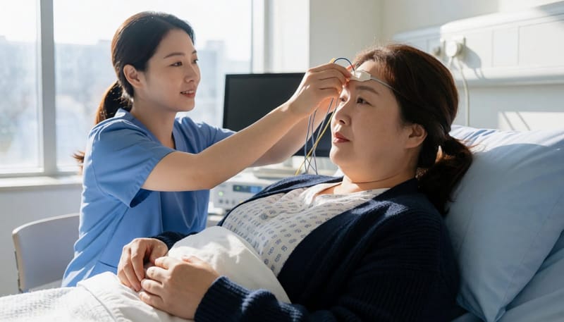 수면다원검사 중 센서를 부착하는 모습