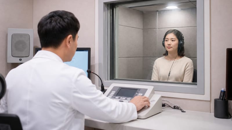 방음 부스에서 진행되는 순음청력검사 장면