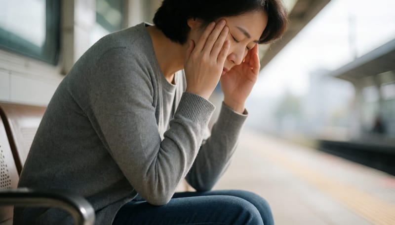 어지럼증을 느끼며 눈을 감고 관자놀이를 짚은 여성의 모습