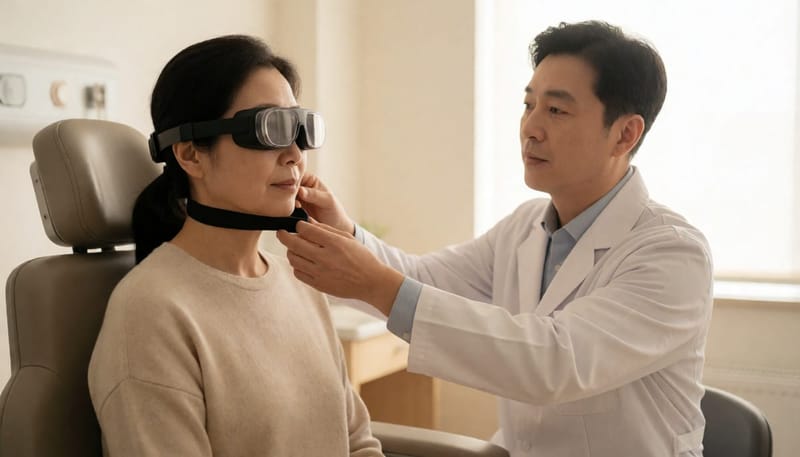 어지럼증 검사를 위해 안진 검사 장비를 착용한 환자와 의료진