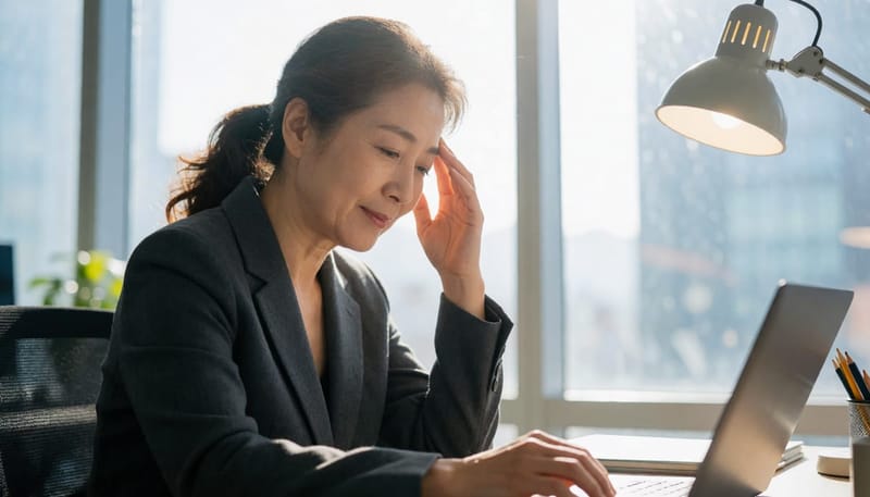 야근 중 어지럼증을 느끼며 잠시 눈을 감고 있는 모습