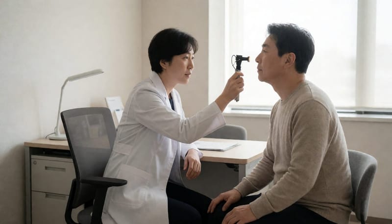 의사가 환자의 코 안쪽을 간단한 검사 기구로 살펴보는 진료 장면