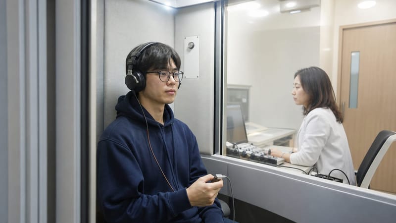 순음청력검사는 방음부스에서 헤드폰을 착용하고 소리 신호에 반응하는 방식으로 진행됩니다.