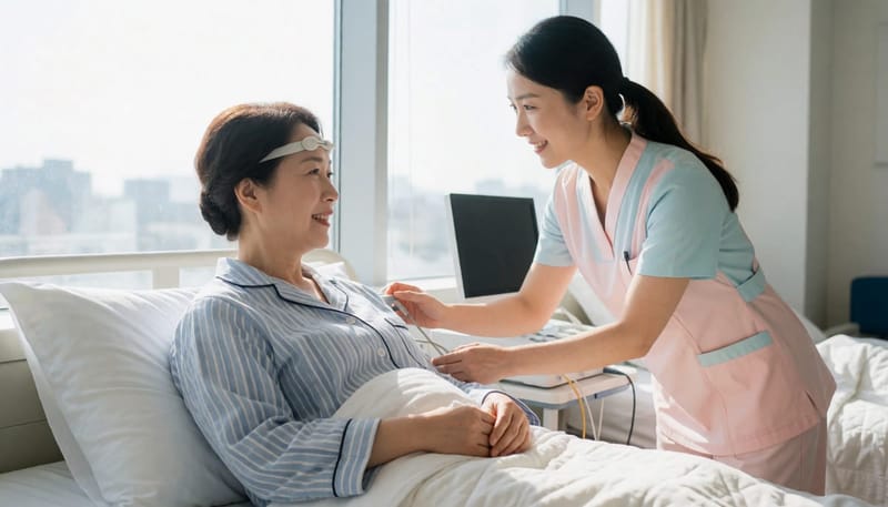 수면다원검사는 신체에 부착한 센서로 뇌파, 호흡, 산소포화도 등을 하룻밤 동안 기록합니다.