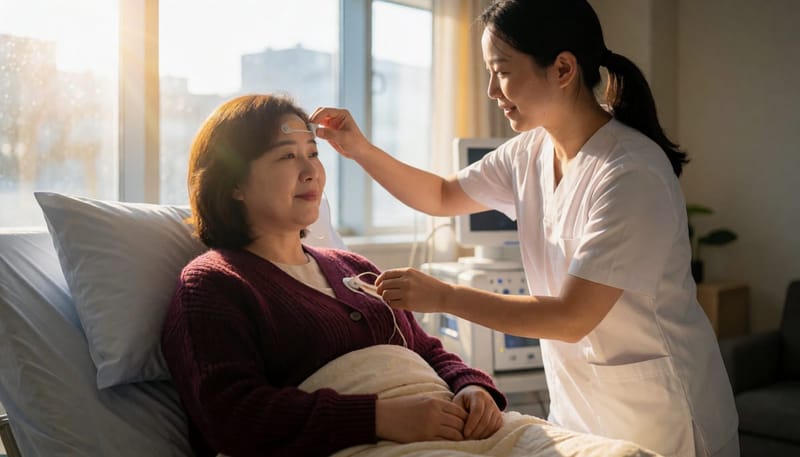 수면다원검사는 병원에서 하룻밤 자면서 각종 신체 신호를 기록하는 방식으로 진행됩니다.
