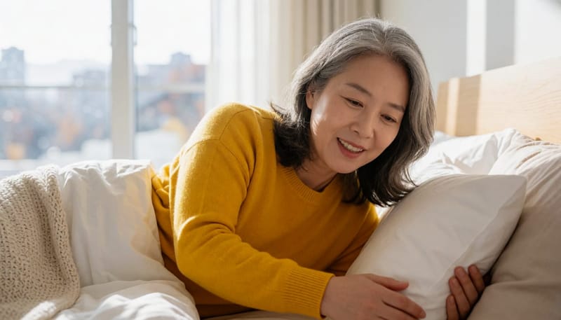 옆으로 누워 자는 자세는 기도가 막히는 것을 줄이는 데 도움이 됩니다.