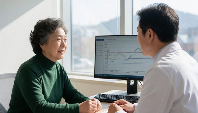 수면다원검사 결과를 토대로 치료 방향을 상담하는 모습입니다.