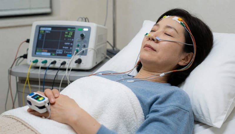 수면다원검사 중에는 뇌파·호흡·산소포화도 등 여러 신호가 동시에 기록됩니다