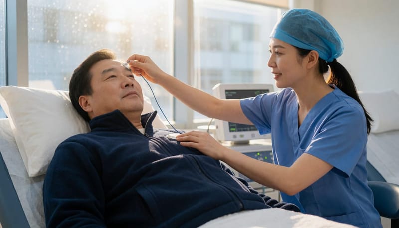 검사실에서는 전극과 센서를 부착한 뒤 평소처럼 밤새 잠을 자며 자료를 기록합니다.