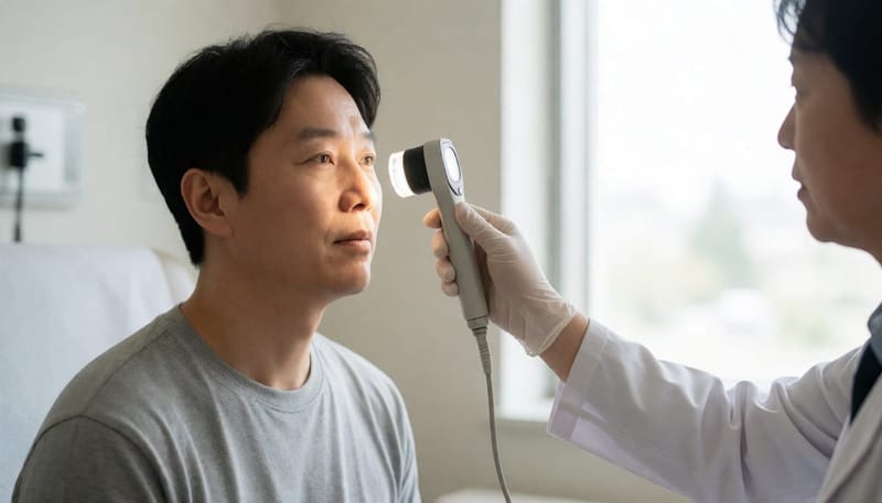의사가 환자의 코와 목 상태를 진료용 조명 기구로 살펴보는 모습