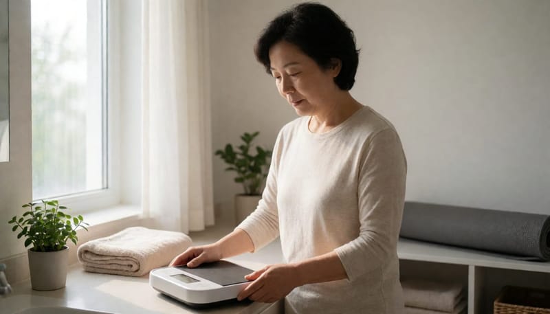여성이 아침에 체중계에 올라 몸무게를 확인하는 일상적인 모습