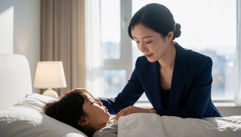 자녀의 코골이와 수면 상태를 살피는 보호자