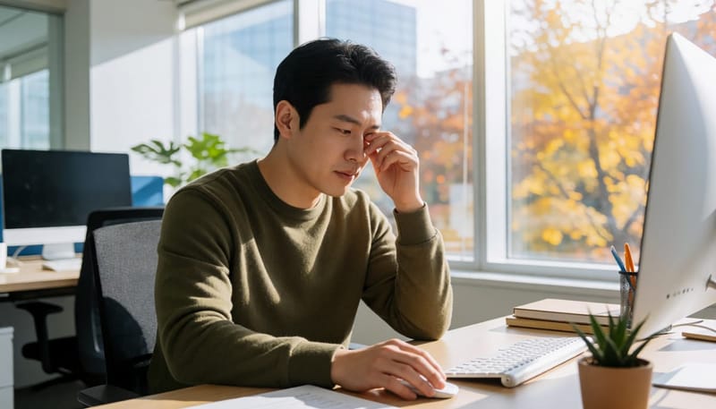 오후 업무 중 몰려오는 졸음을 느끼는 20대 직장인