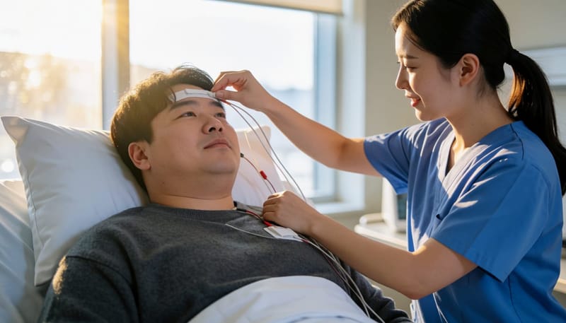 검사실에서는 뇌파, 호흡, 산소포화도 등을 동시에 기록합니다.