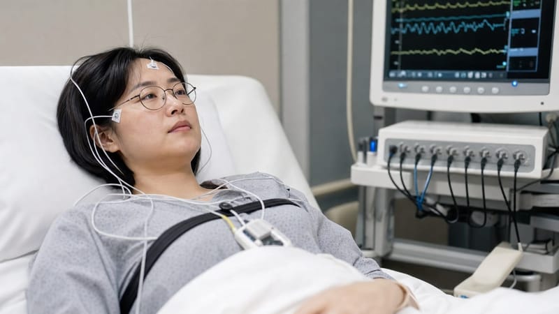 수면다원검사는 하룻밤 동안 여러 신체 신호를 동시에 기록합니다.