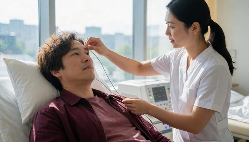 수면다원검사는 저녁부터 다음 날 아침까지 이어지는 1박 검사로 진행됩니다