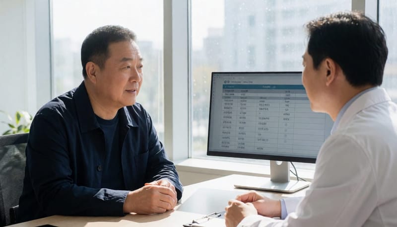 수면다원검사를 앞두고 의료진과 검사 일정을 상담하는 모습