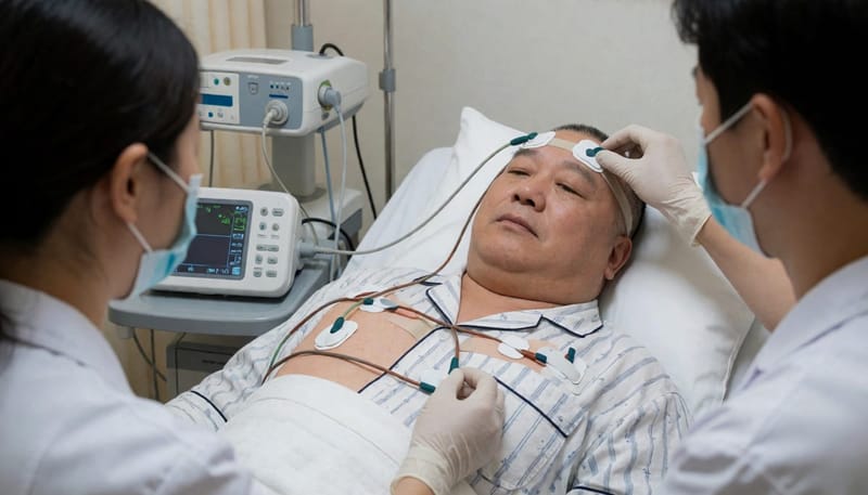 수면다원검사는 전극과 장비를 부착한 채 하룻밤 동안 뇌파와 호흡, 산소 농도를 함께 기록합니다.