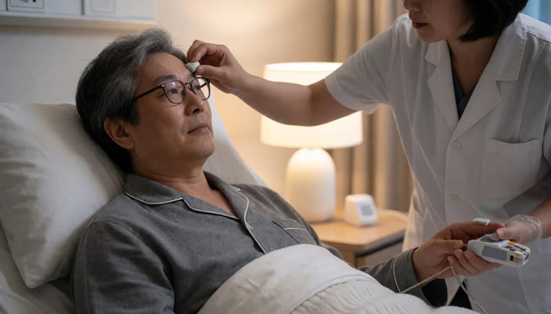 수면다원검사를 위해 센서를 부착받는 모습