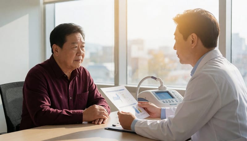 수면다원검사 결과를 바탕으로 치료 방향을 상담하는 모습