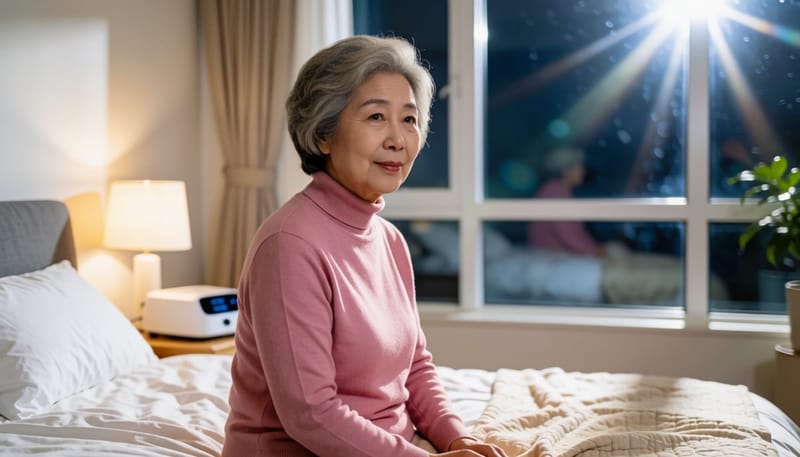 취침 전 양압기 마스크를 착용하는 모습