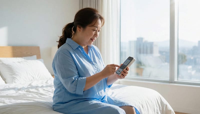양압기 사용 기록을 아침에 확인하는 모습