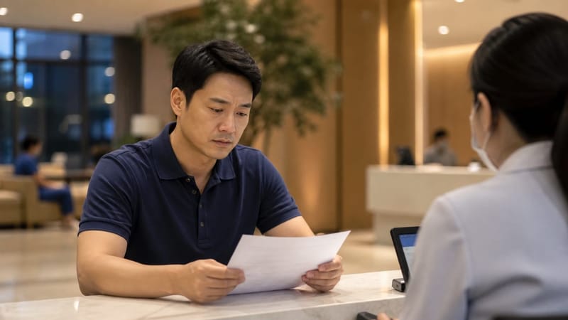 수면다원검사 안내문과 예상 비용표를 확인하는 모습