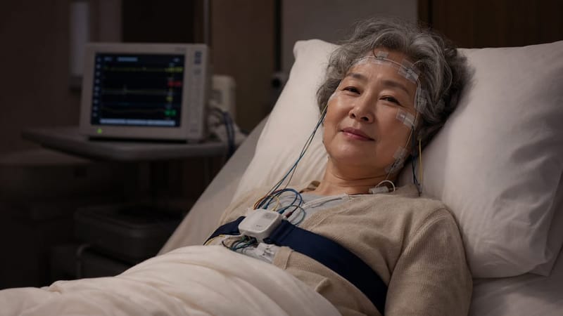 야간 수면다원검사를 위해 센서를 부착한 모습