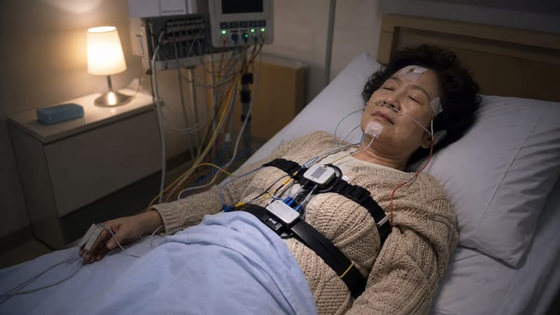 수면다원검사는 병원에서 하룻밤 머물며 호흡과 산소포화도, 뇌파 등을 기록하는 방식으로 진행됩니다.