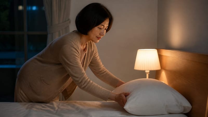 잠들기 전 베개 높이를 조정하며 역류를 관리하는 모습