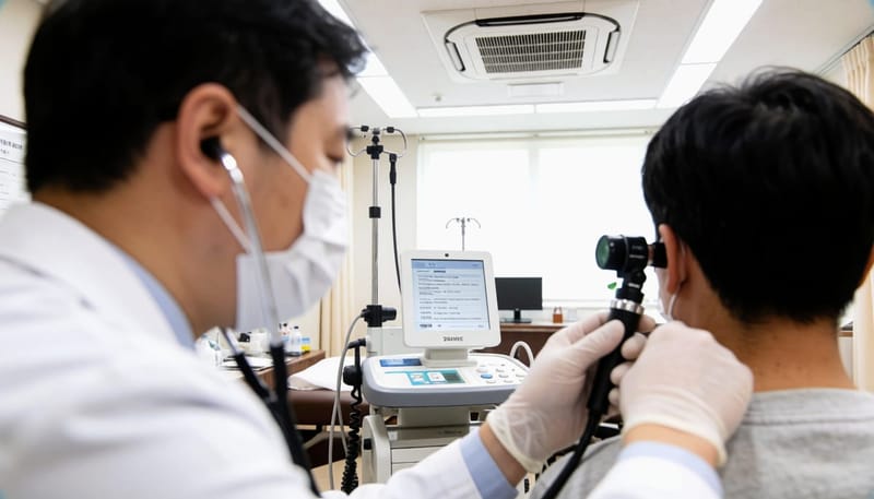 의사가 기침 환자의 목과 폐 상태를 청진기로 확인하는 진료 장면