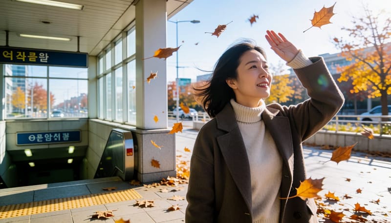 환절기 찬바람 속에서 눈을 찡그리며 손으로 눈을 가리는 여성