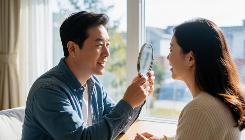 집에서 손거울로 자신의 눈 상태를 확인하는 남성