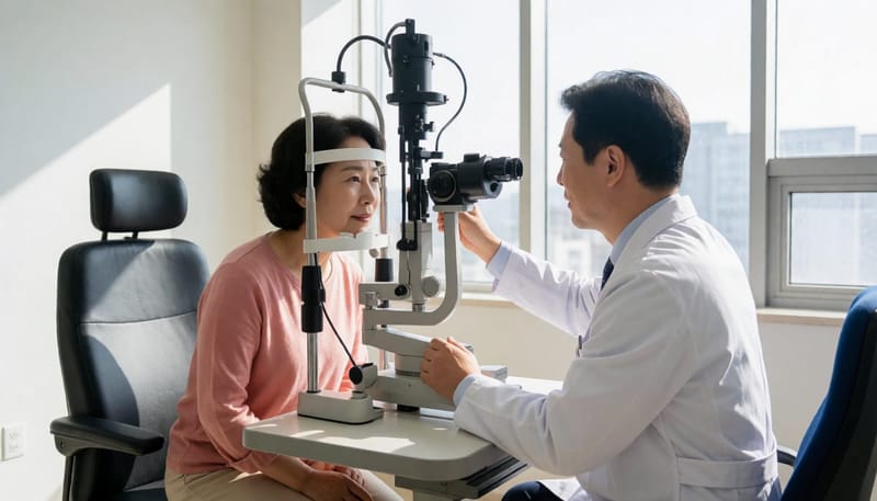 안과에서 세극등 검사를 받고 있는 환자와 의사