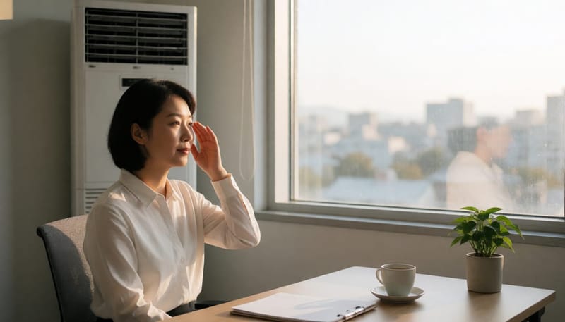 환절기 냉난방 사무실에서 눈이 건조해 눈가를 만지는 여성