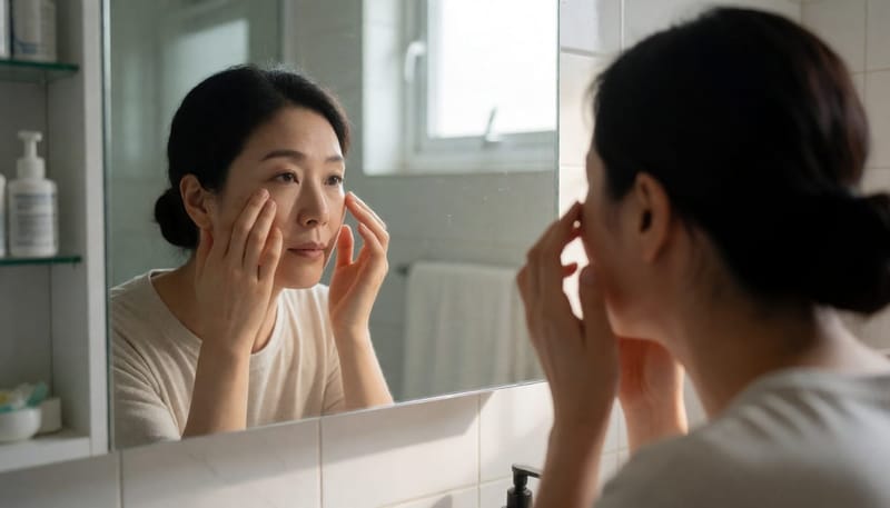 거울 앞에서 눈 상태를 자세히 살펴보는 여성