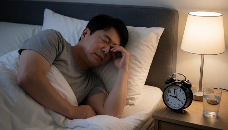 밤에 잠들지 못하고 눈을 비비는 남성