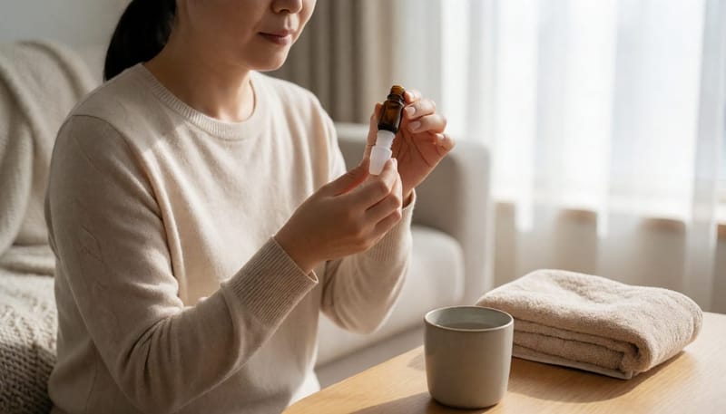 눈물막 관리를 위해 인공눈물과 온찜질을 준비하는 여성