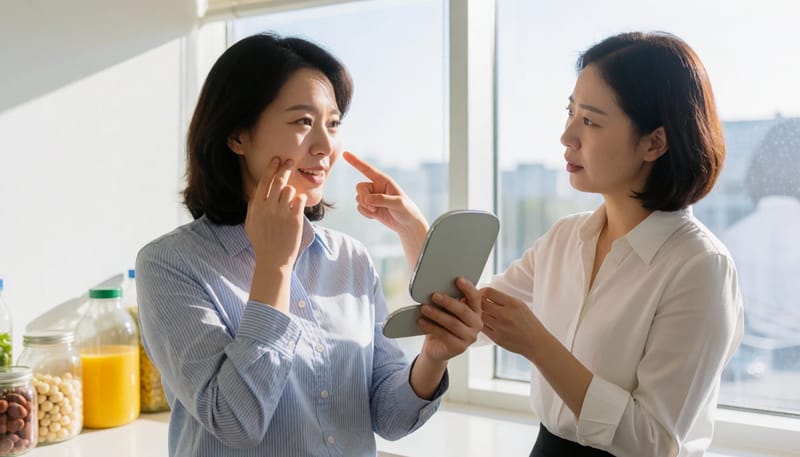 동료의 말에 손으로 뺨을 만지며 놀라는 여성