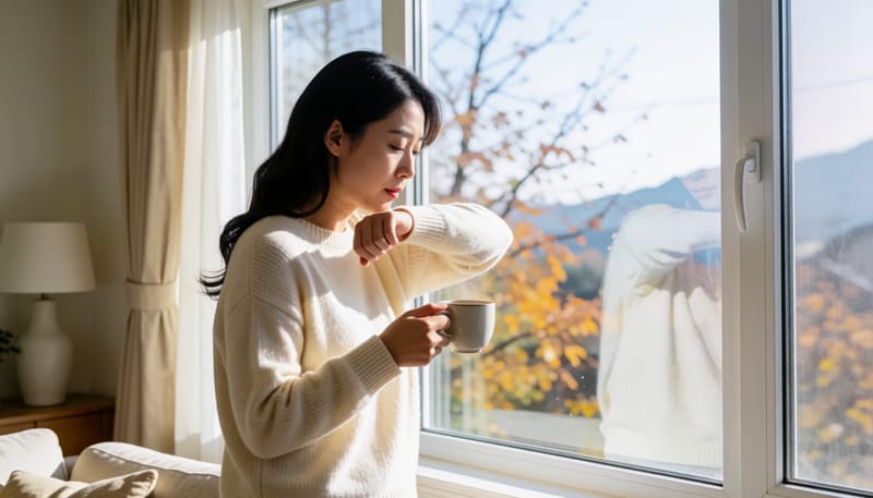 기침을 하며 창밖의 건조한 가을 풍경을 바라보는 여성