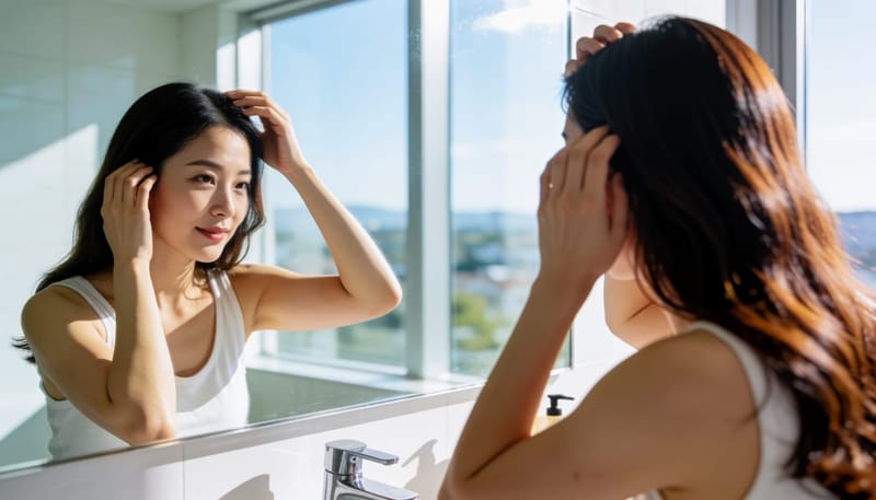 거울 앞에서 두피를 만지며 아파하는 여성