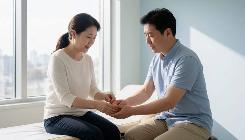 같은 자리를 반복해서 손으로 가리키며 살펴보는 여성의 모습
