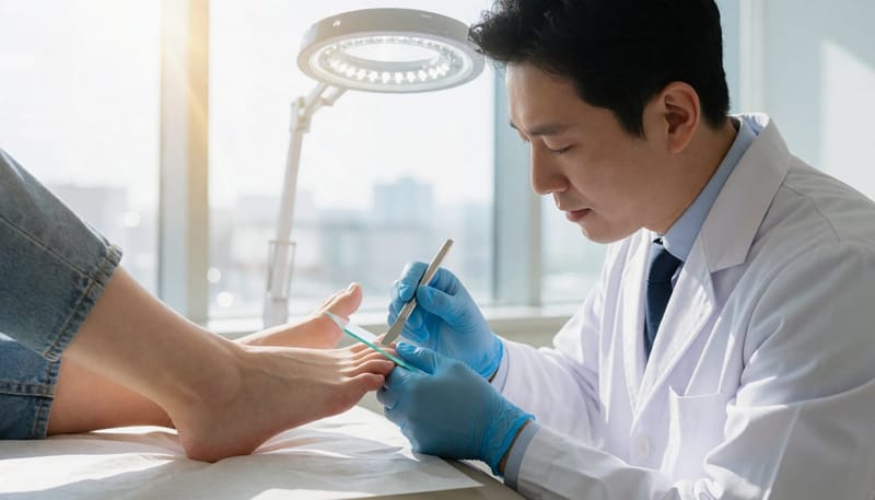 의사가 피부를 긁어 검사용 유리 슬라이드에 시료를 채취하는 장면