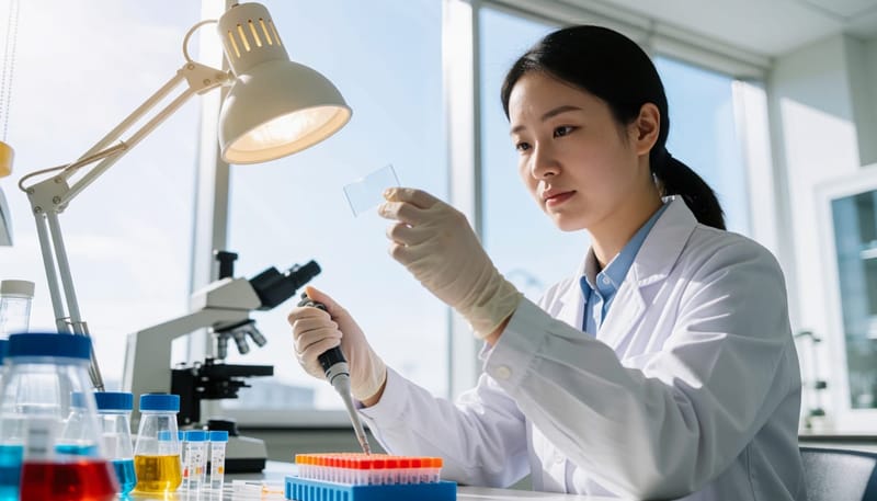 물집액 시료를 슬라이드와 검체 튜브로 정밀 분석하는 실험실 장면