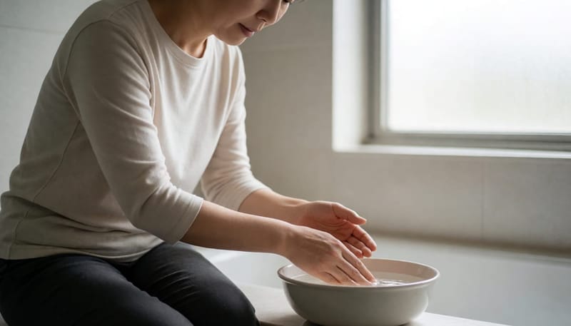 미지근한 물에 손을 담가 가려움을 진정시키는 여성