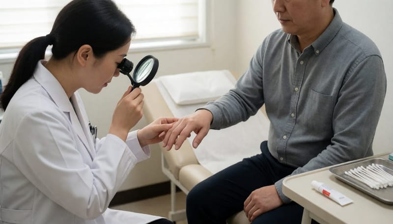피부과 의사가 환자의 손을 진료하며 치료 방향을 살피는 장면