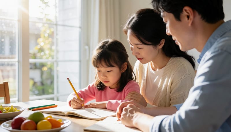 엄마가 받아쓰기 하는 아이 옆에서 유심히 살펴보는 모습