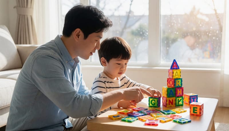 아빠와 아이가 거실에서 글자 블록을 가지고 함께 연습하는 모습