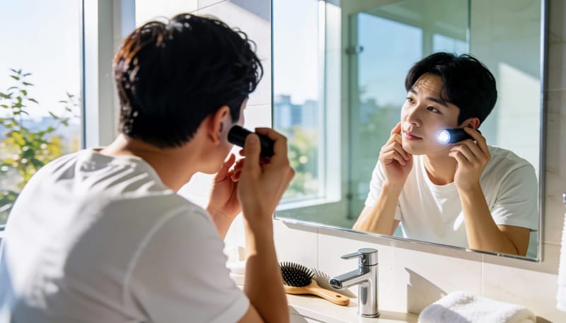 거울 앞에서 손전등으로 직접 귀 상태를 확인하는 모습